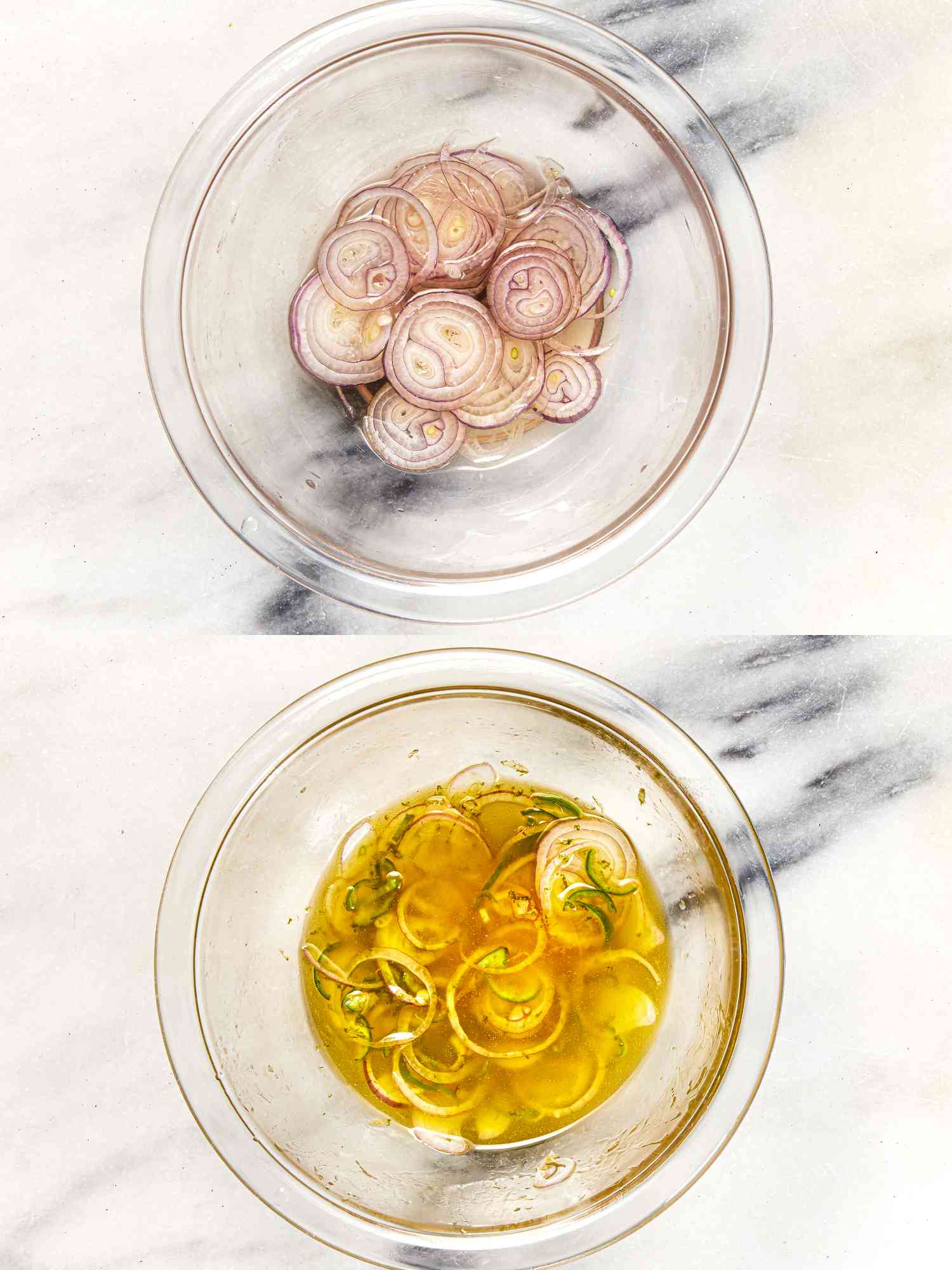 Two bowls with shallots and salad dressing for tomato-watermelon salad