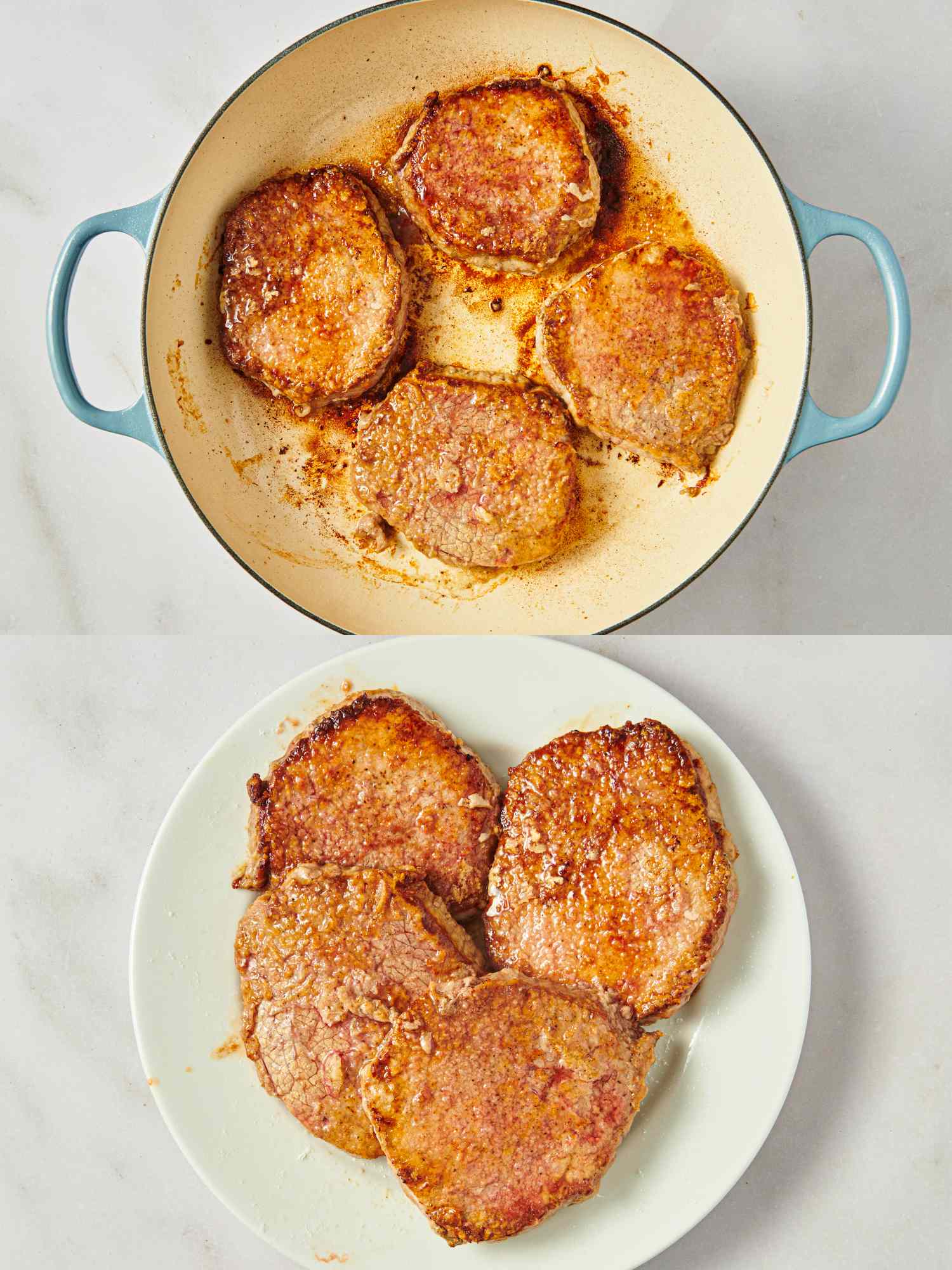 Cooked Swiss steak in a pan and plated on a dish