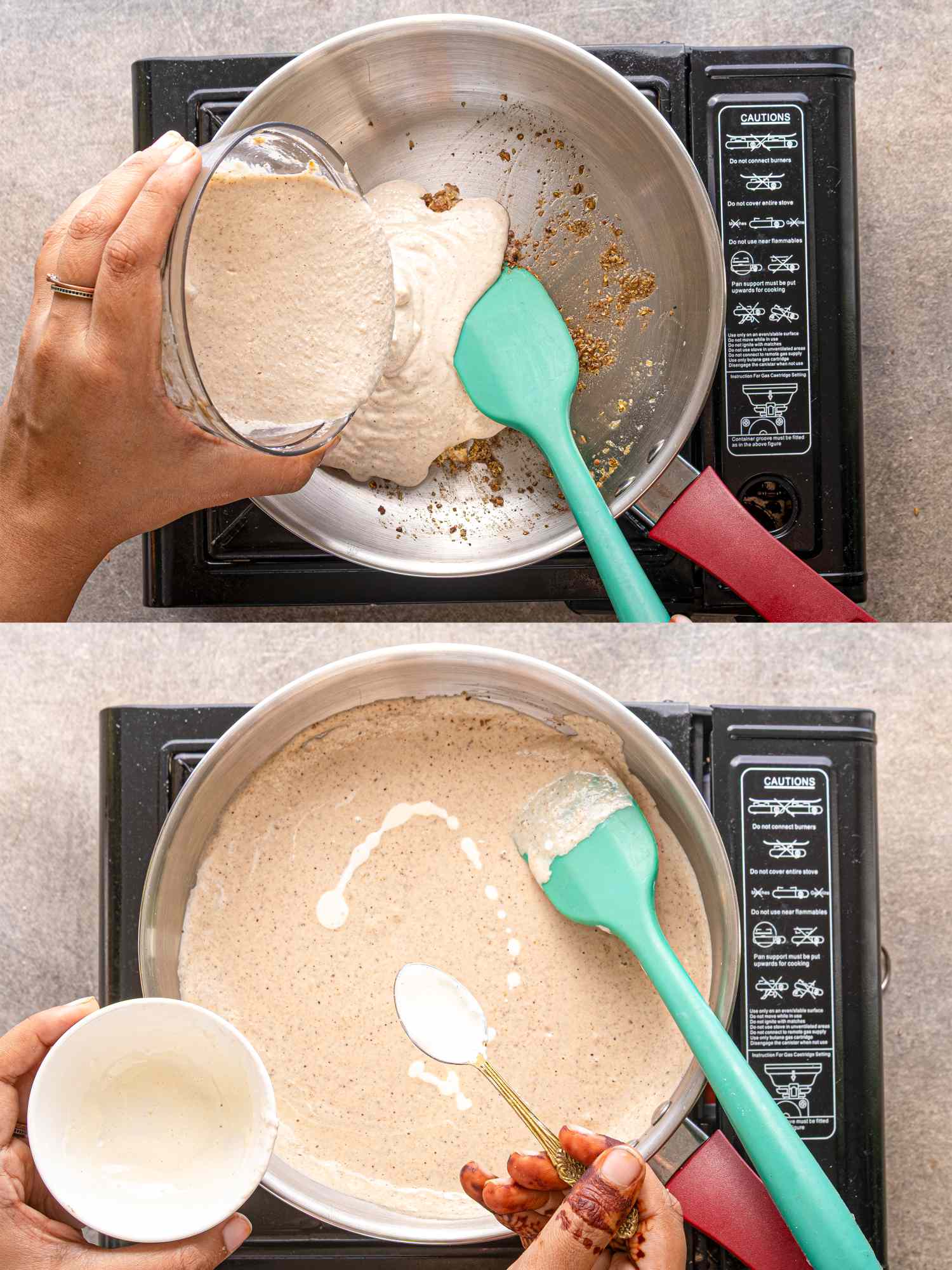Two steps of a cooking process involving mixing ingredients in a pot using a spatula on a stovetop