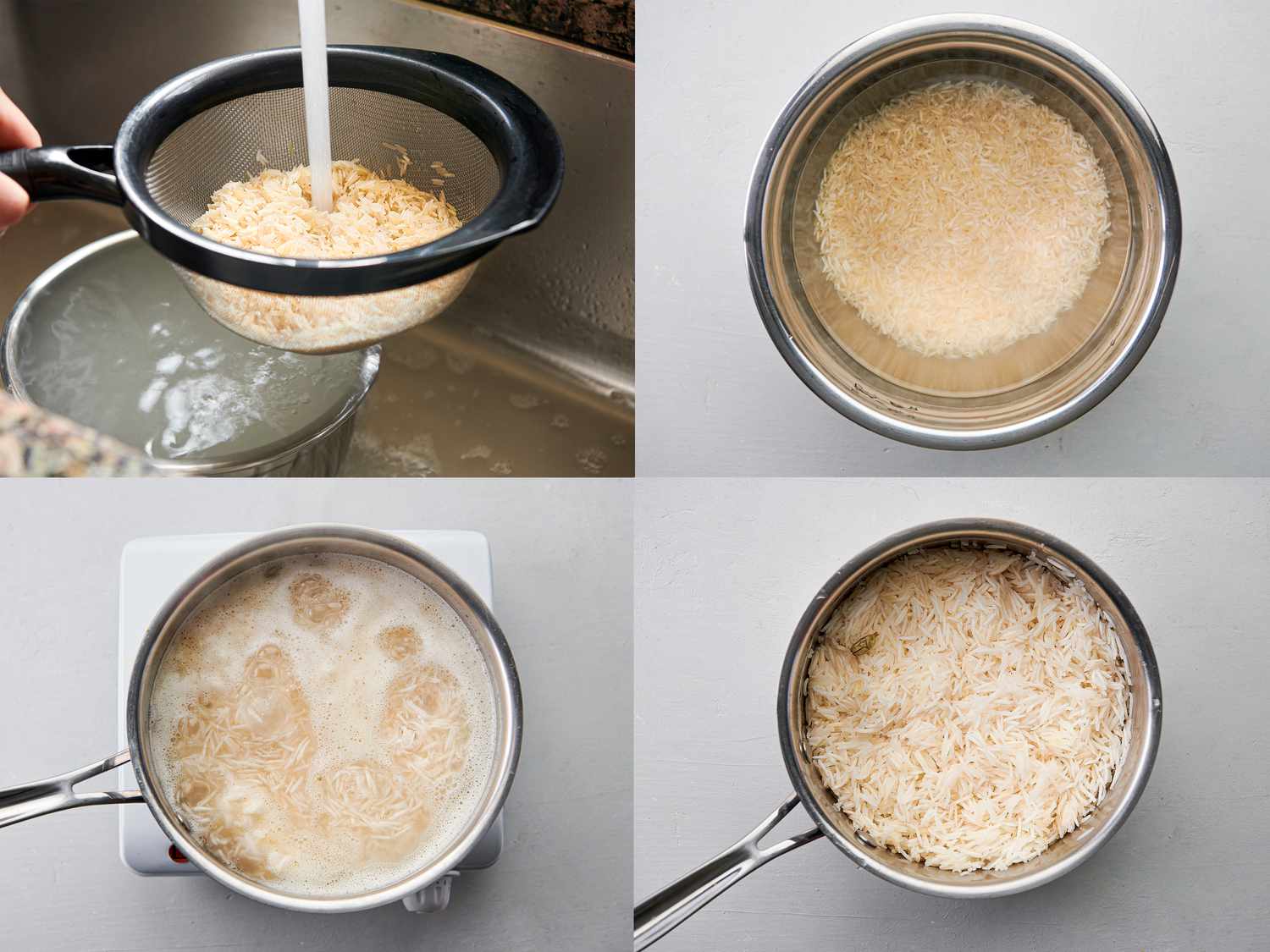 Four image collage of rinsing rice, soaking it in a bowl, cooking rice, and cooked rice in a pot.