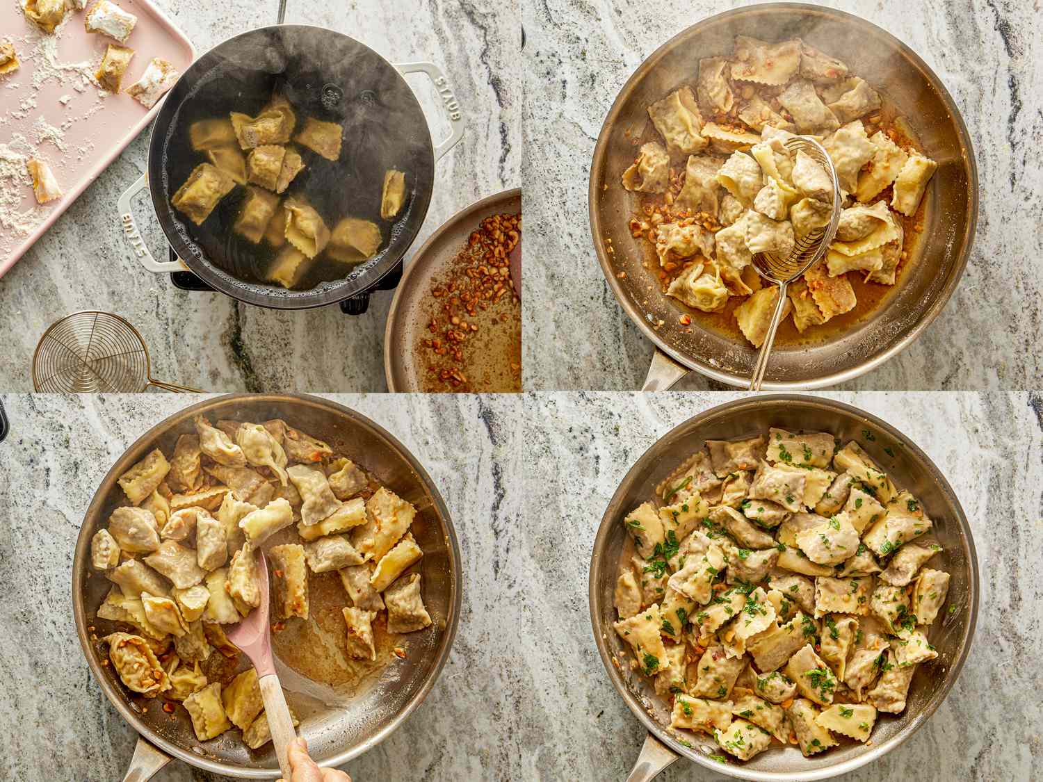 A collage showing stages of preparing and cooking a dish sauted filled pasta pieces garnished with herbs