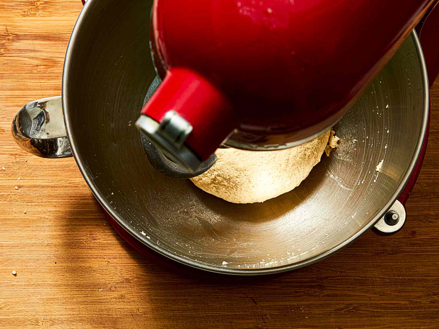 Overhead view of dough in standmixer
