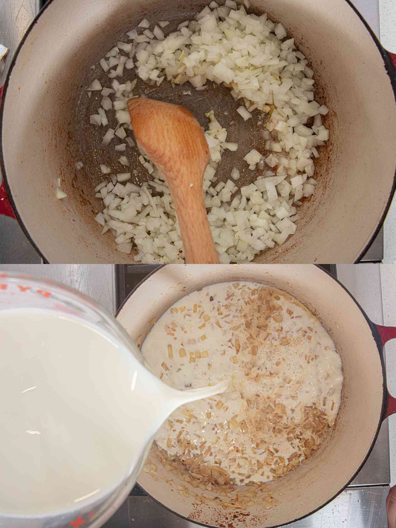 Overhead view onions and milk