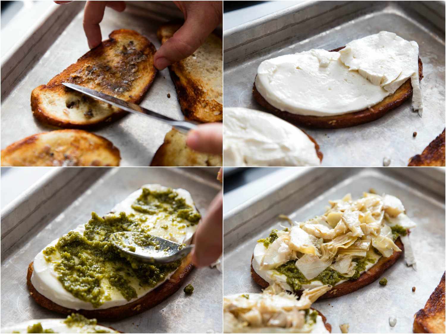 Collage of the sandwich being assembled on a rimmed baking sheet.