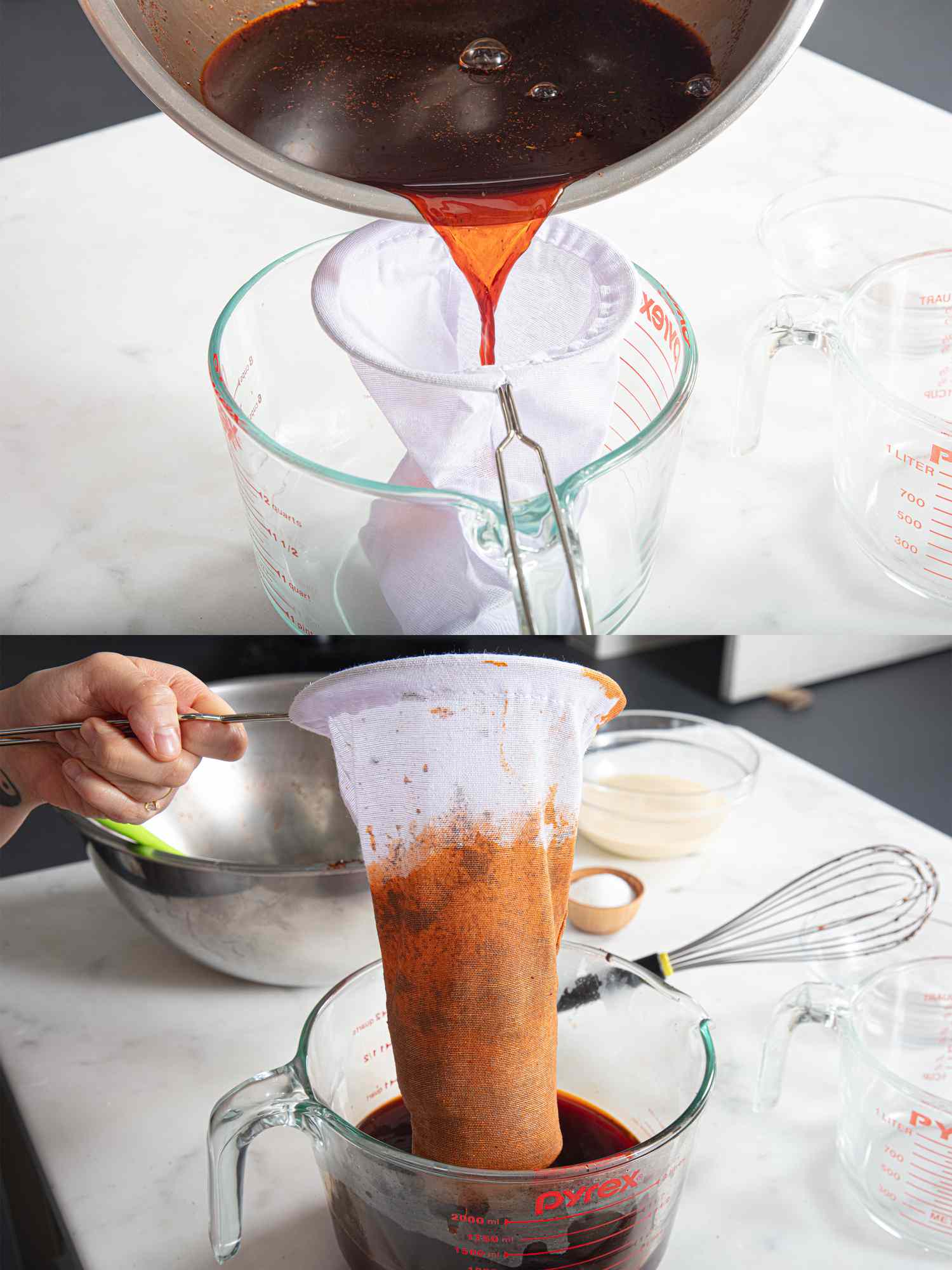 Two image collage of straining tea