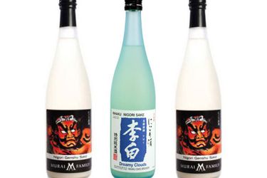 Three different bottles of nigori sake 