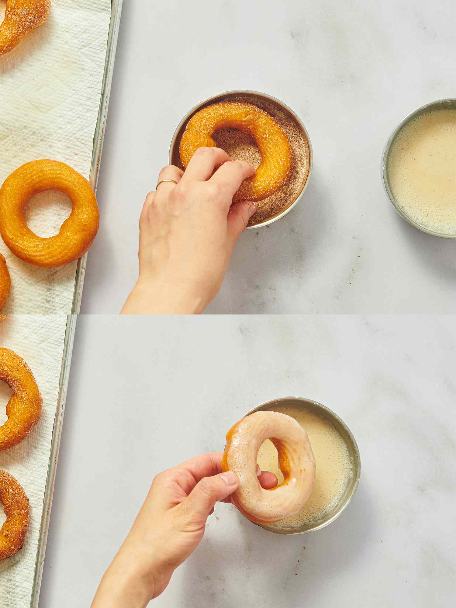 Two stages of dipping donuts into glaze in a side-by-side image