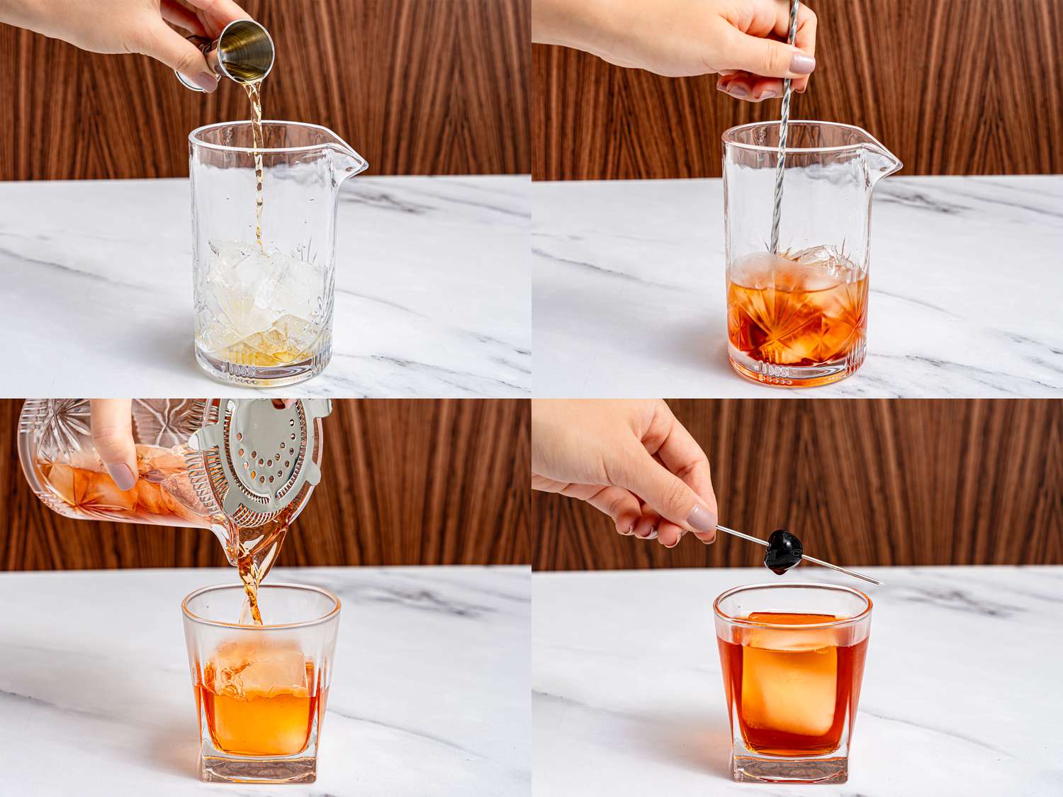 Four photos showing a Boulebardier cocktail being made. The first photo shows bourbon being poured into a mixing glass over ice. The second photo shows a hand stirring the ingredients in the mixing glass. The third photo shows the cocktail being strained into a cocktail glass with one large ice cube. The fourth and last photos shows the cocktail being garnished with a cherry on a cocktail pick.