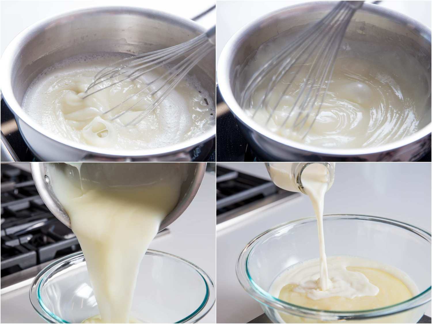 A 4-image collage of cooking the gelato base and adding fresh milk and cream to the base. 