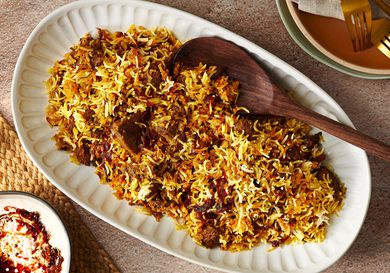 Overhead view of lamb biryani