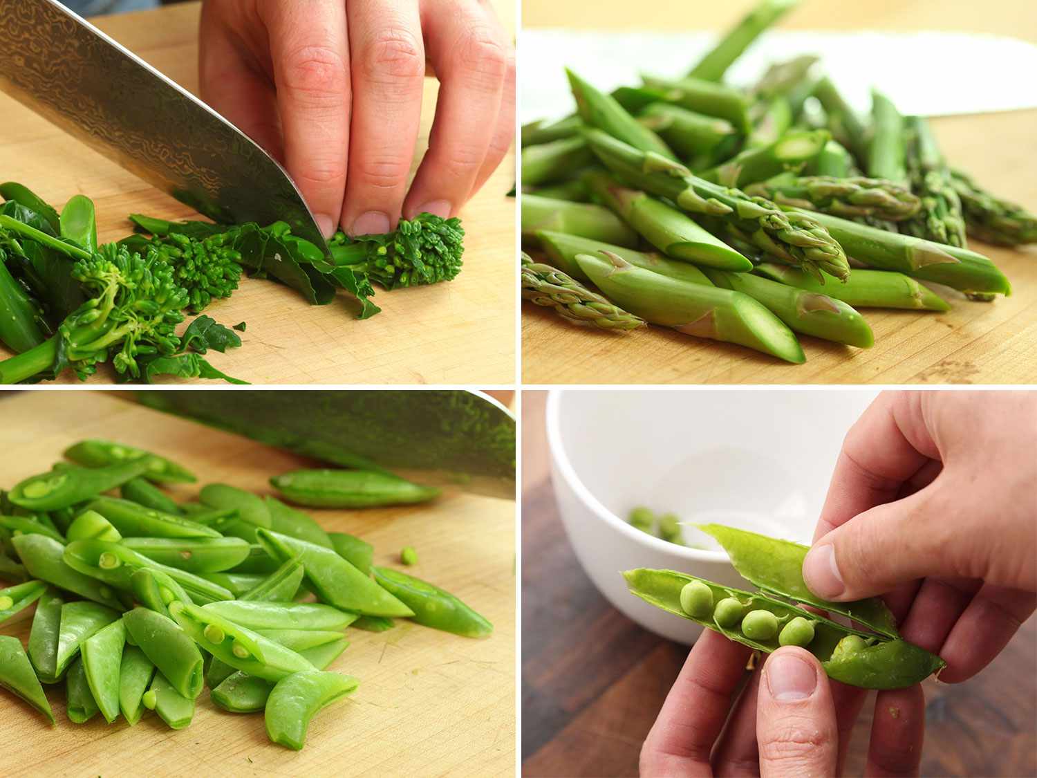 4-image collage of prepping green vegetables for pasta primavera: trimming broccoli, asparagus and sugar snap peas sliced on the bias, green peas being shelled.