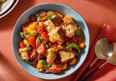 classic Panzanella salad served inside a dish