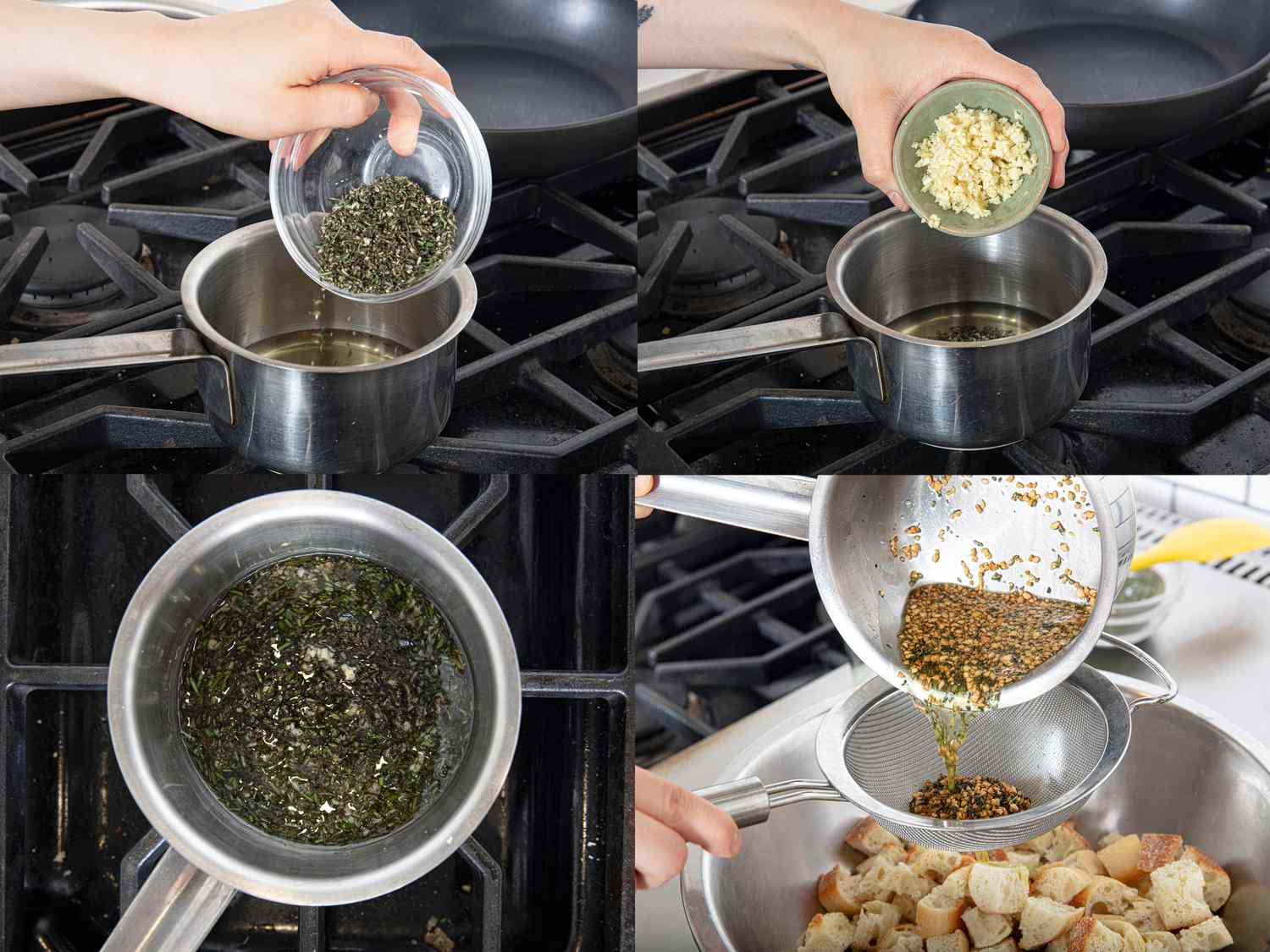 Four image collage of infusing oil