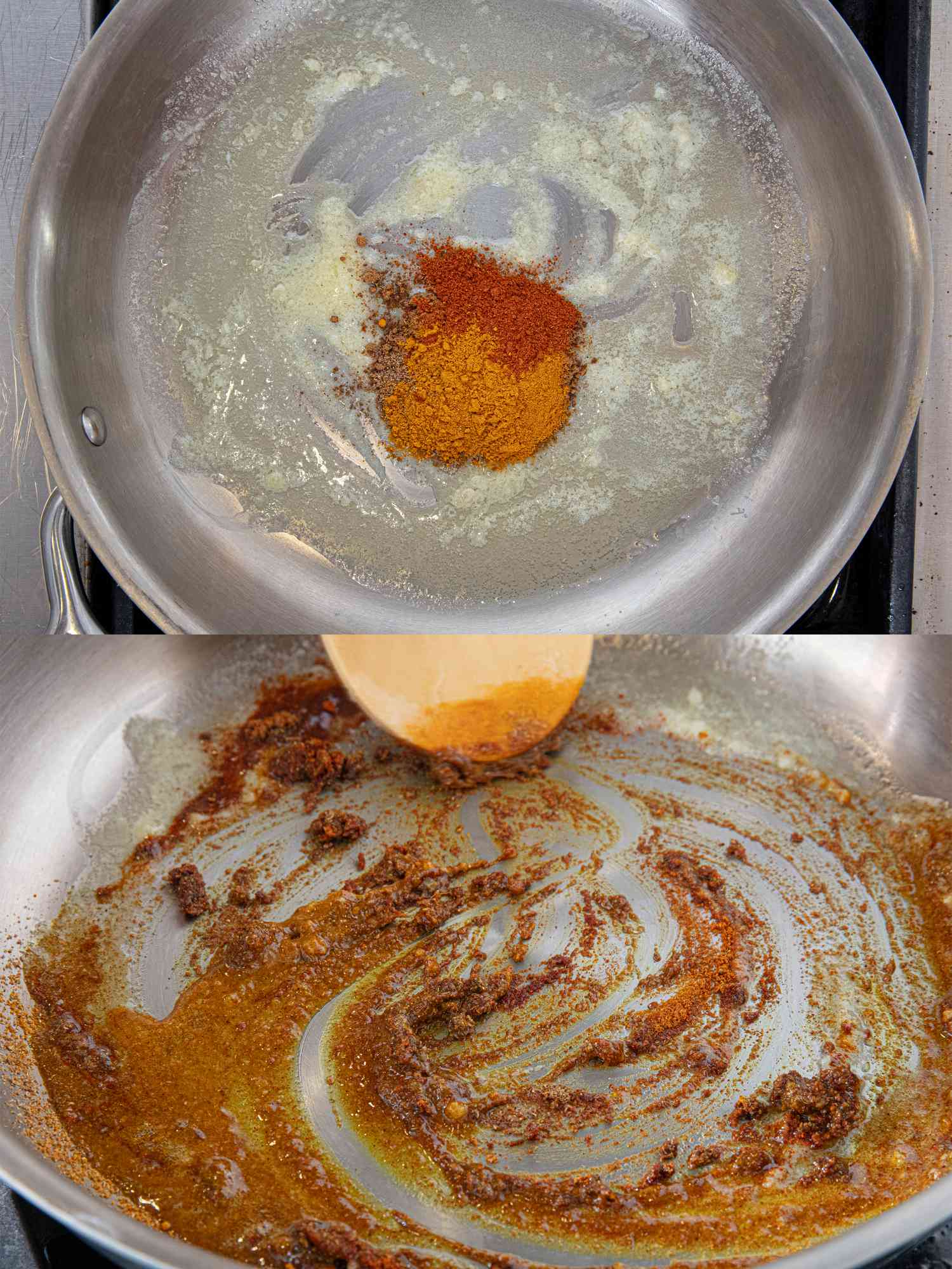 Two image collage of tossing spices