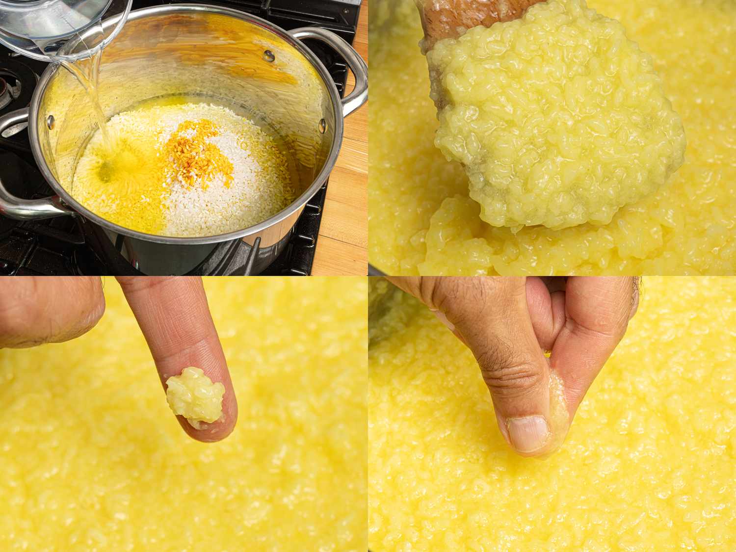 Four image collage fo cooking rice on stovetop and showing goal consistency