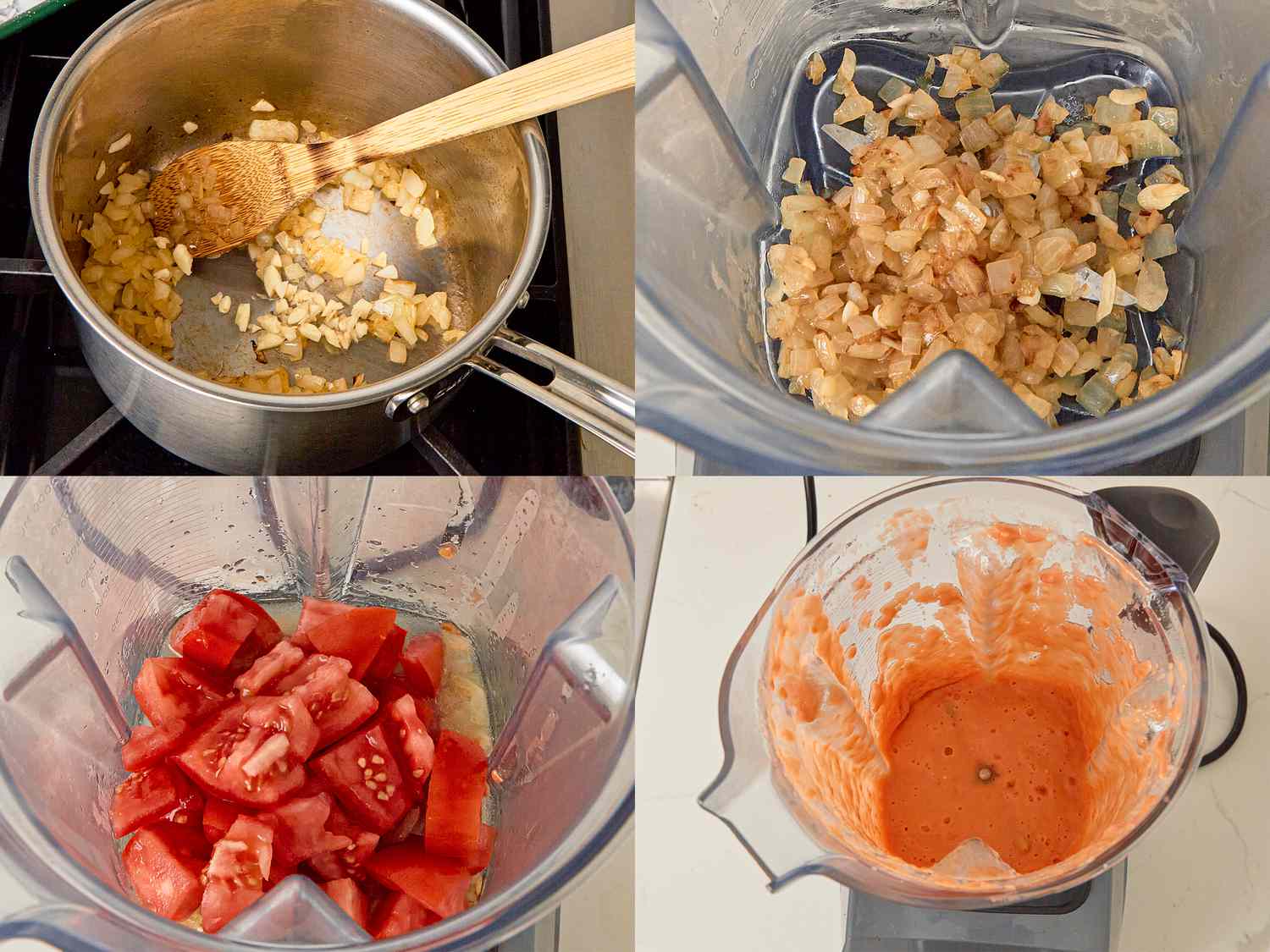 Four image collage of cooking onions and blending with tomatoes