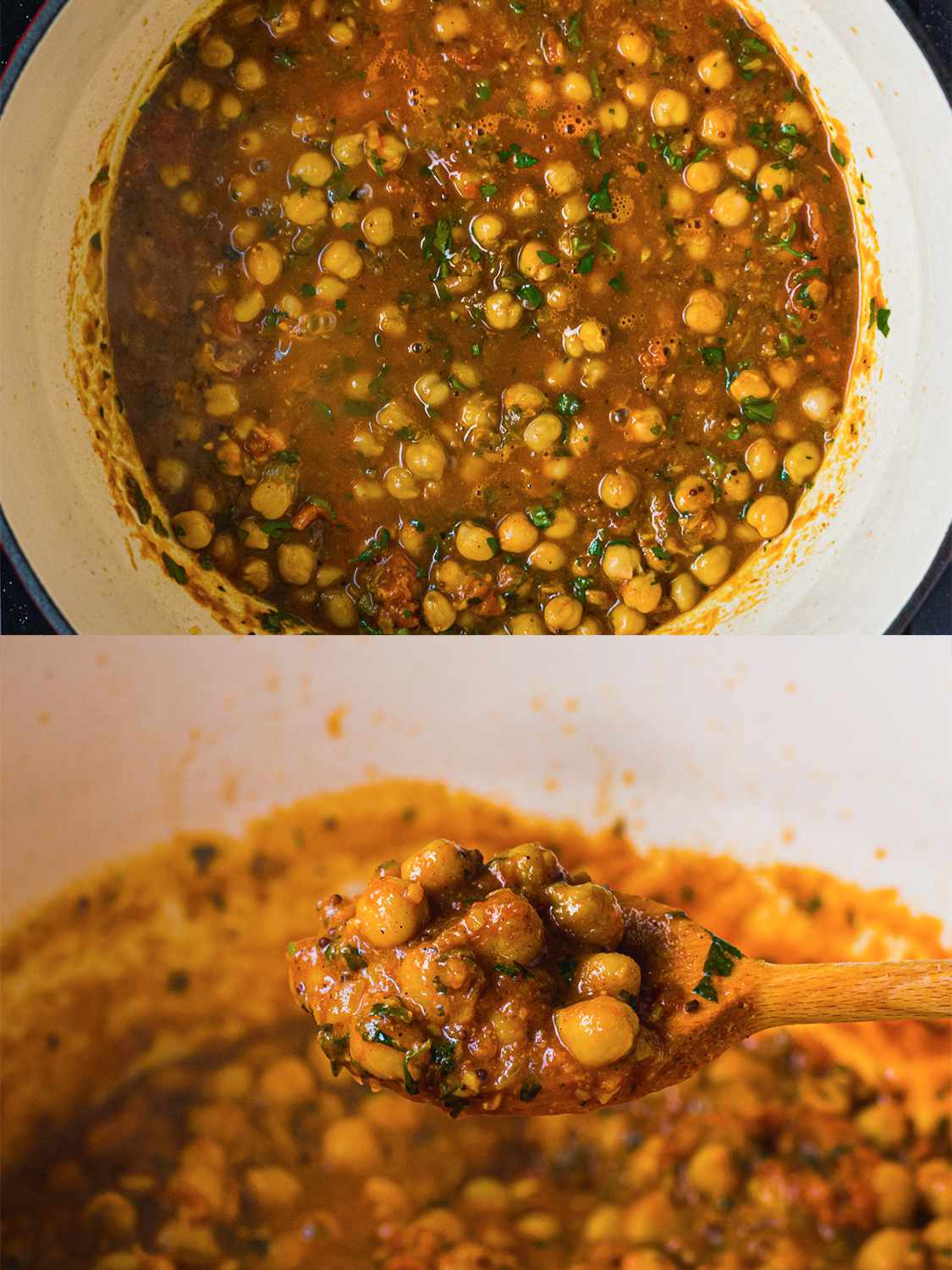 A two-image collage. The top image shows the channa masala brought to a simmer inside of the Dutch oven. The bottom image shows a wooden spoon lifting some of the channa masala to demonstrate that it has thickened.