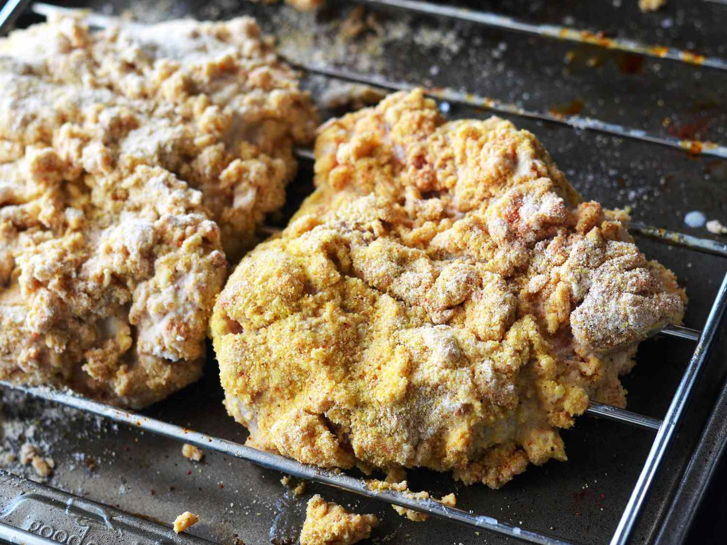 Closeup of dredged chicken, ready to be fried.