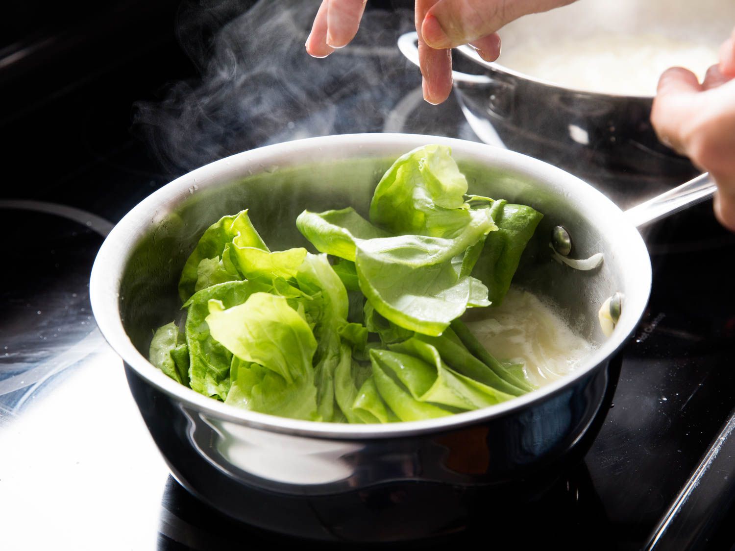 Lettuce and parsley leaves are added to a saucepan of simmering stock and aromatics.