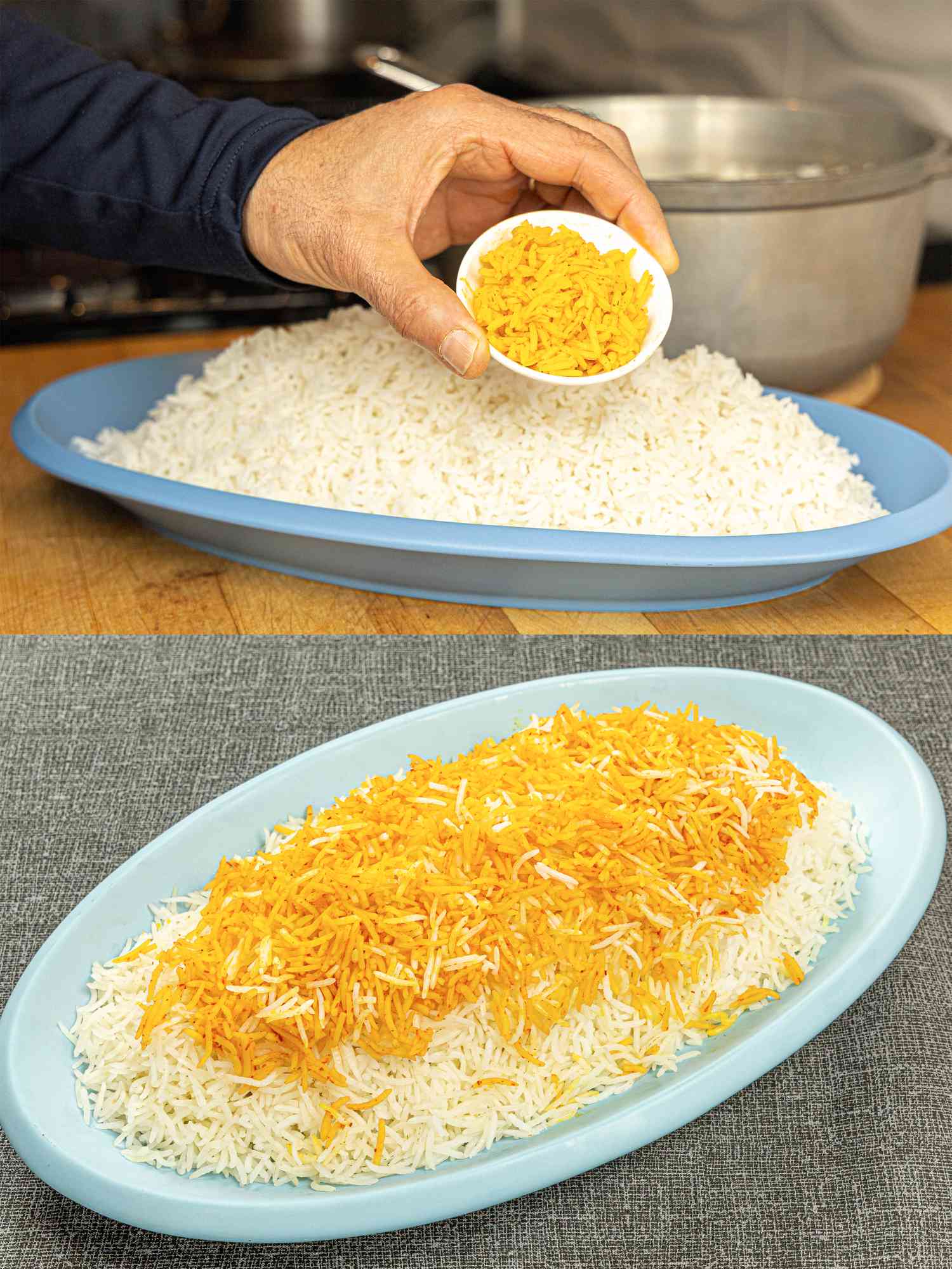 Two image collage of adding saffron rice to a platter of Persian Rice and finished Persian Rice on platter