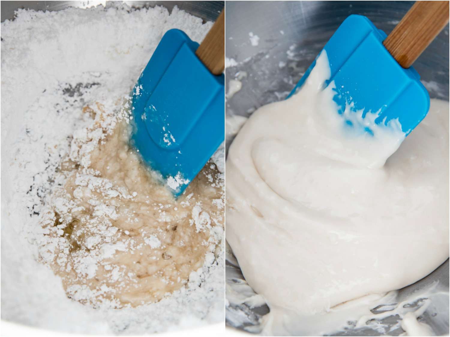 Photo collage of mixing ingredients for royal icing.