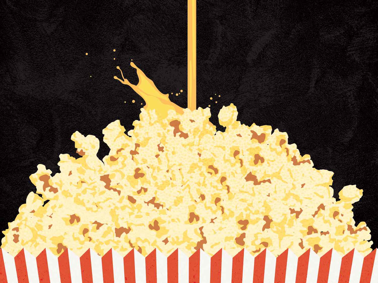 An illustration of butter liquid being poured over popcorn.