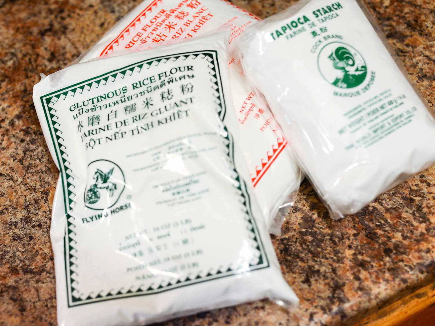 Bags of glutinous rice flour, rice flour, and tapioca starch.