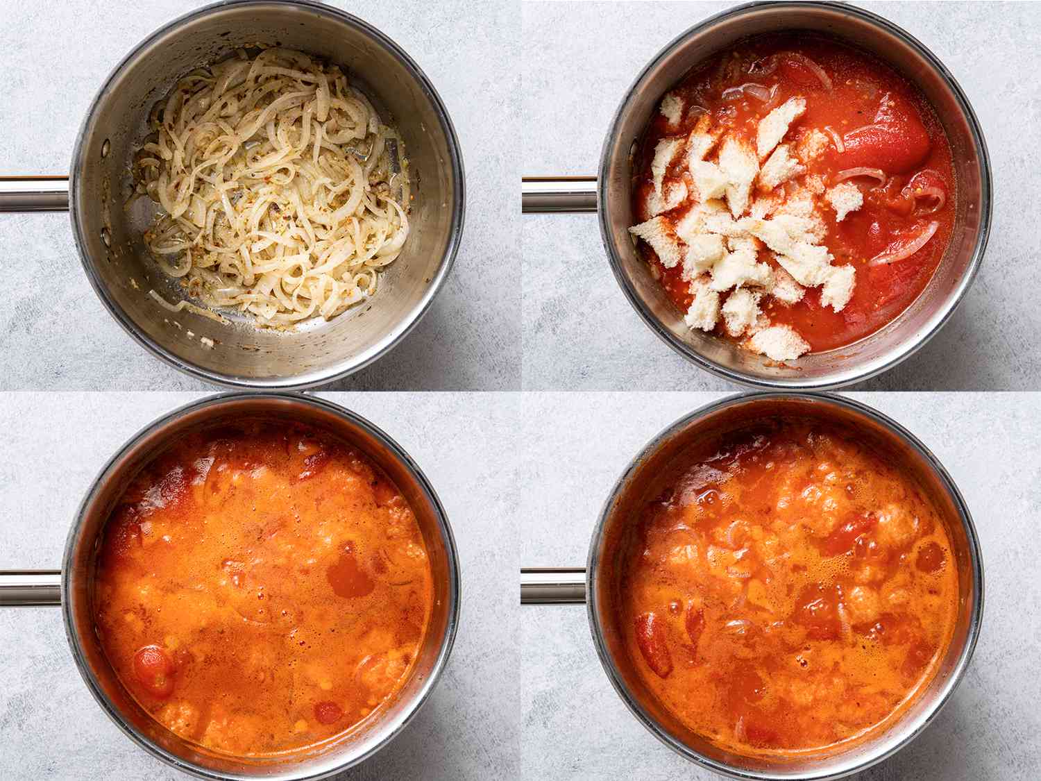 A four-image collage. The top left image shows garlic, onions, oregano, and red pepper flakes in a large saucepan. The onions have been cooked until theyâre softened but not browned. The top right image shows bread and roughly mashed tomatoes now added to the large saucepan. The bottom left image shows the ingredients inside the saucepan now coming to a boil. The bottom right image shows the soup inside of the saucepan, simmering.