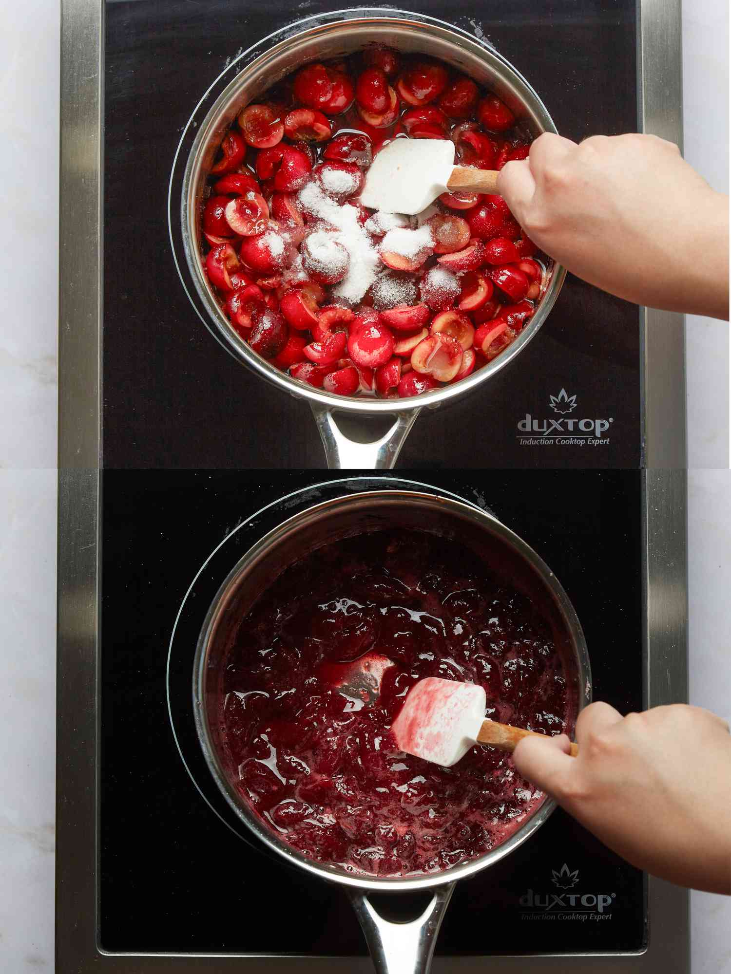 Two cooking pots on a stovetop, top pot with fresh cherries, bottom pot showing cooked cherry mixture, hands stirring both