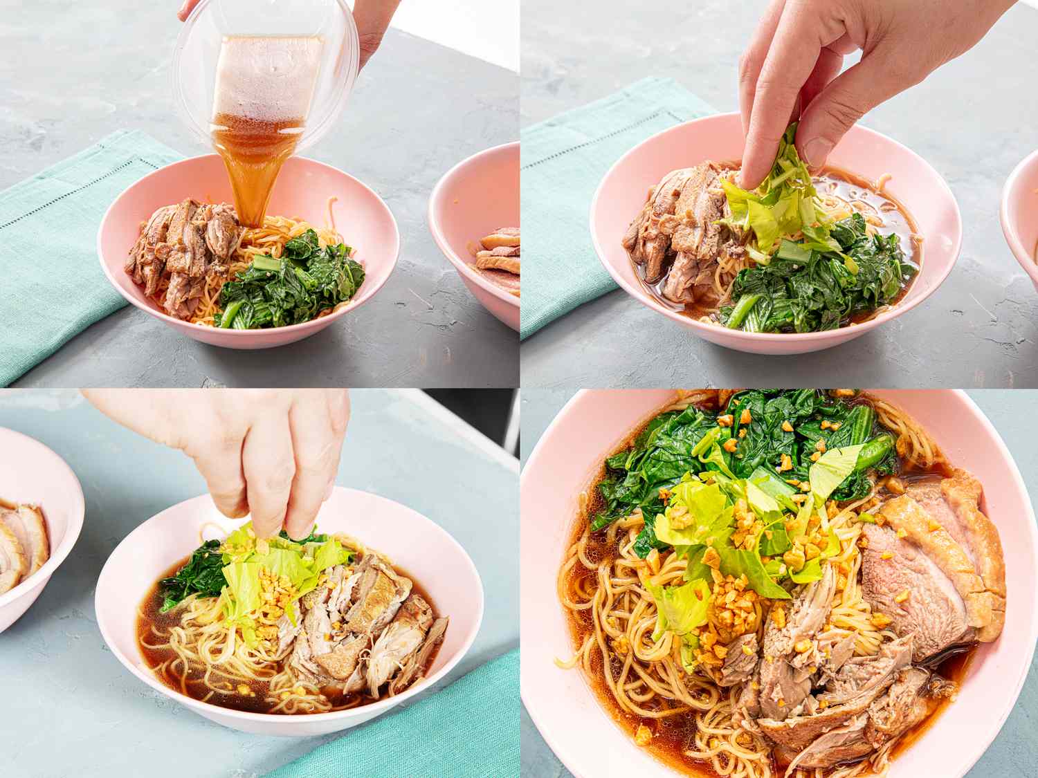 Four image collage of assembling bowl of Guaydtiaao Bpet Dtoon