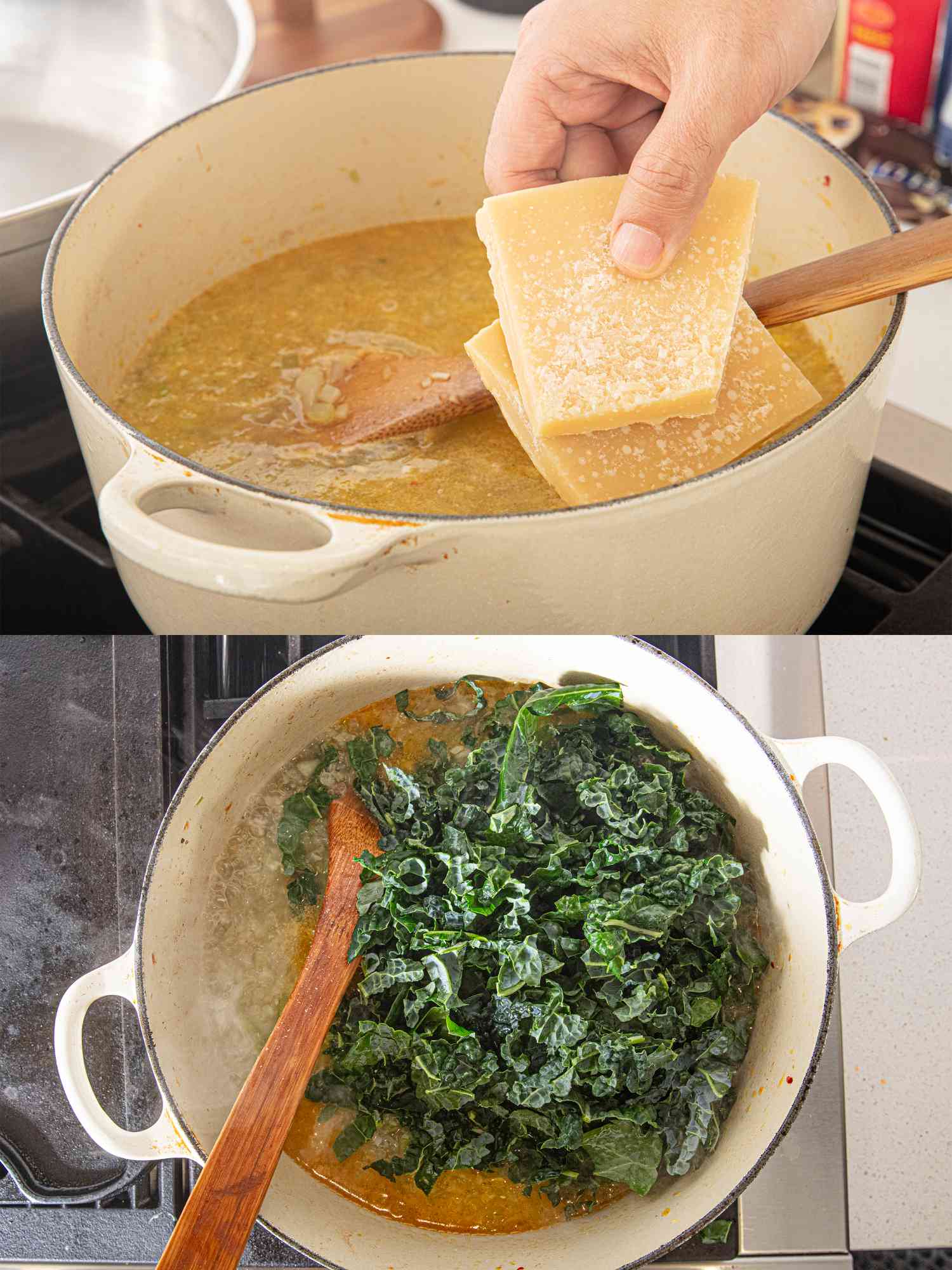 Two image collage of adding parm rind and kale