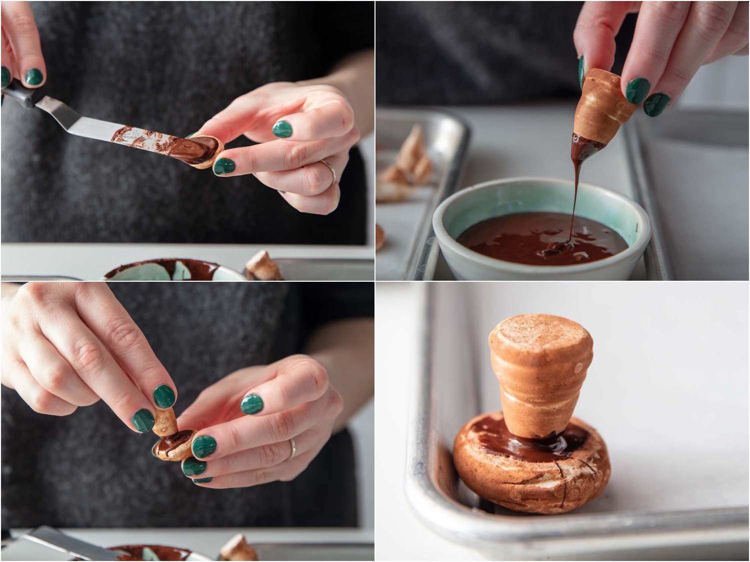 Using tempered chocolate to join the caps and stems of the meringue mushrooms.