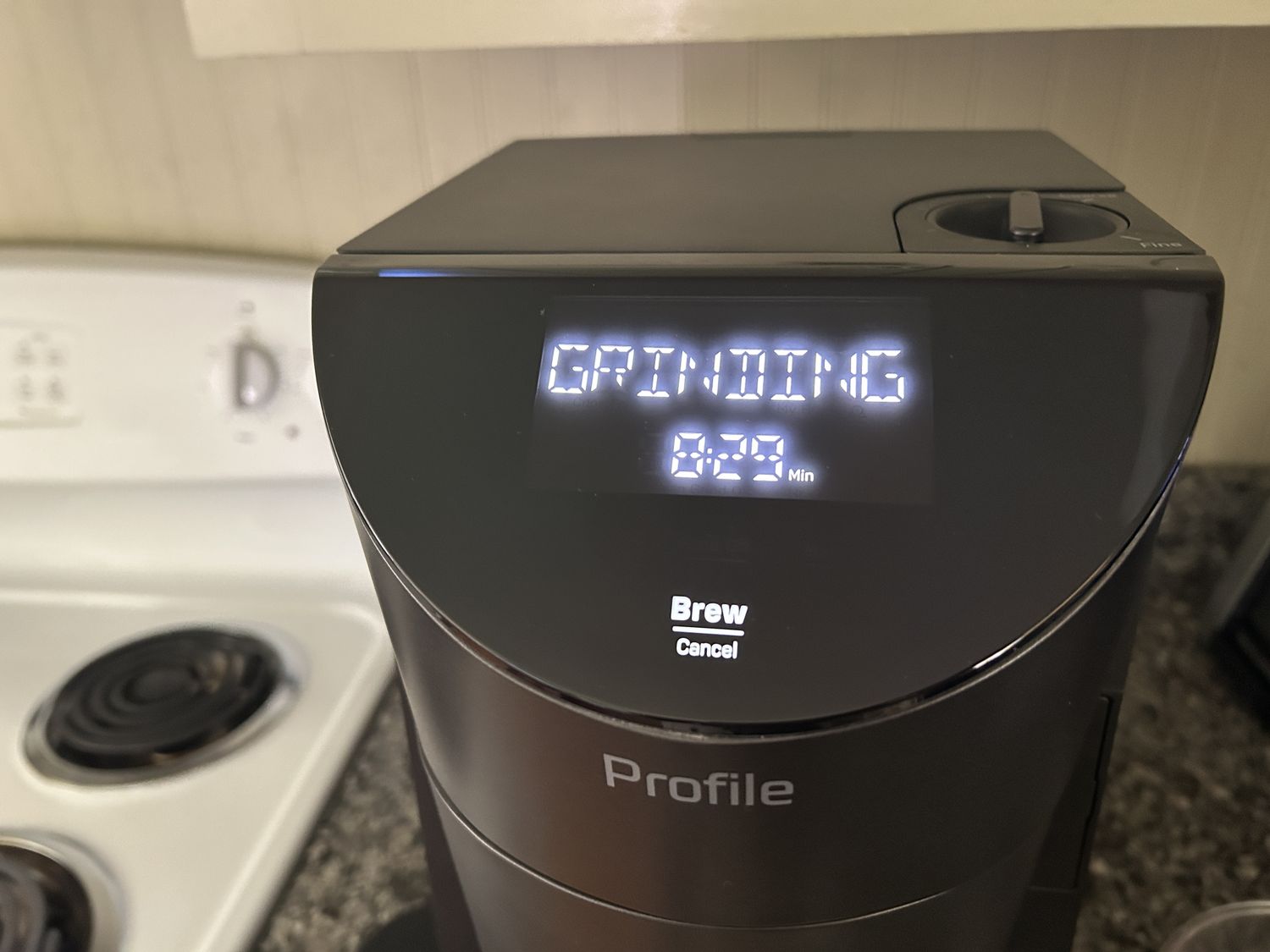 The digital display on the GE Smart Grind coffee maker