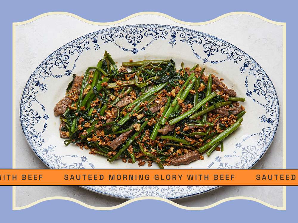 Overhead view of Sauteed Morning Glory with Beef graphic