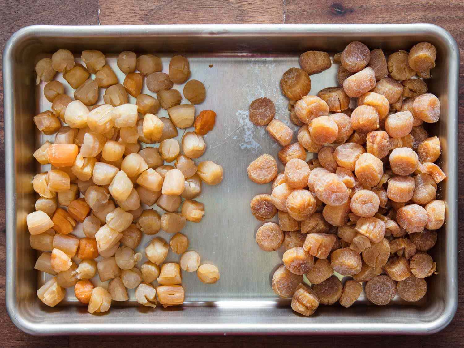 Comparison of two types of dried scallops, the ones on the left are smaller. 