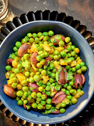 Overhead view of preserved lemon and pea salad