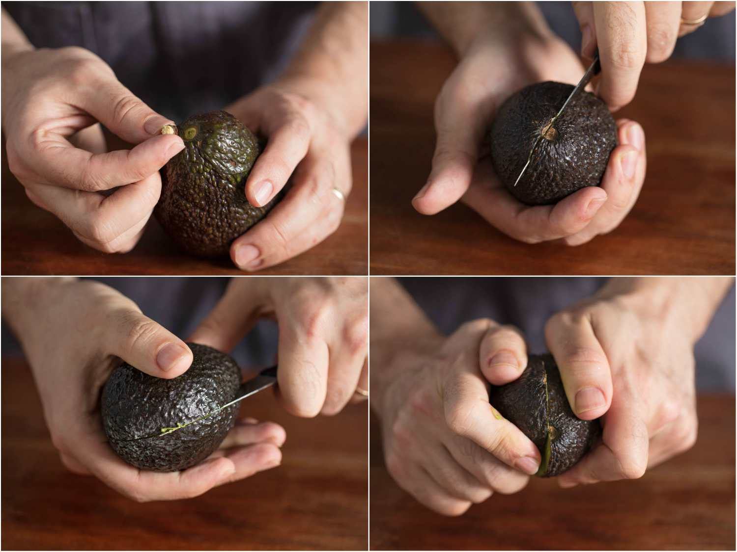Collage of four photos: removing avocado stem, halving avocado by rotating knife around the fruit, and splitting apart the two halves
