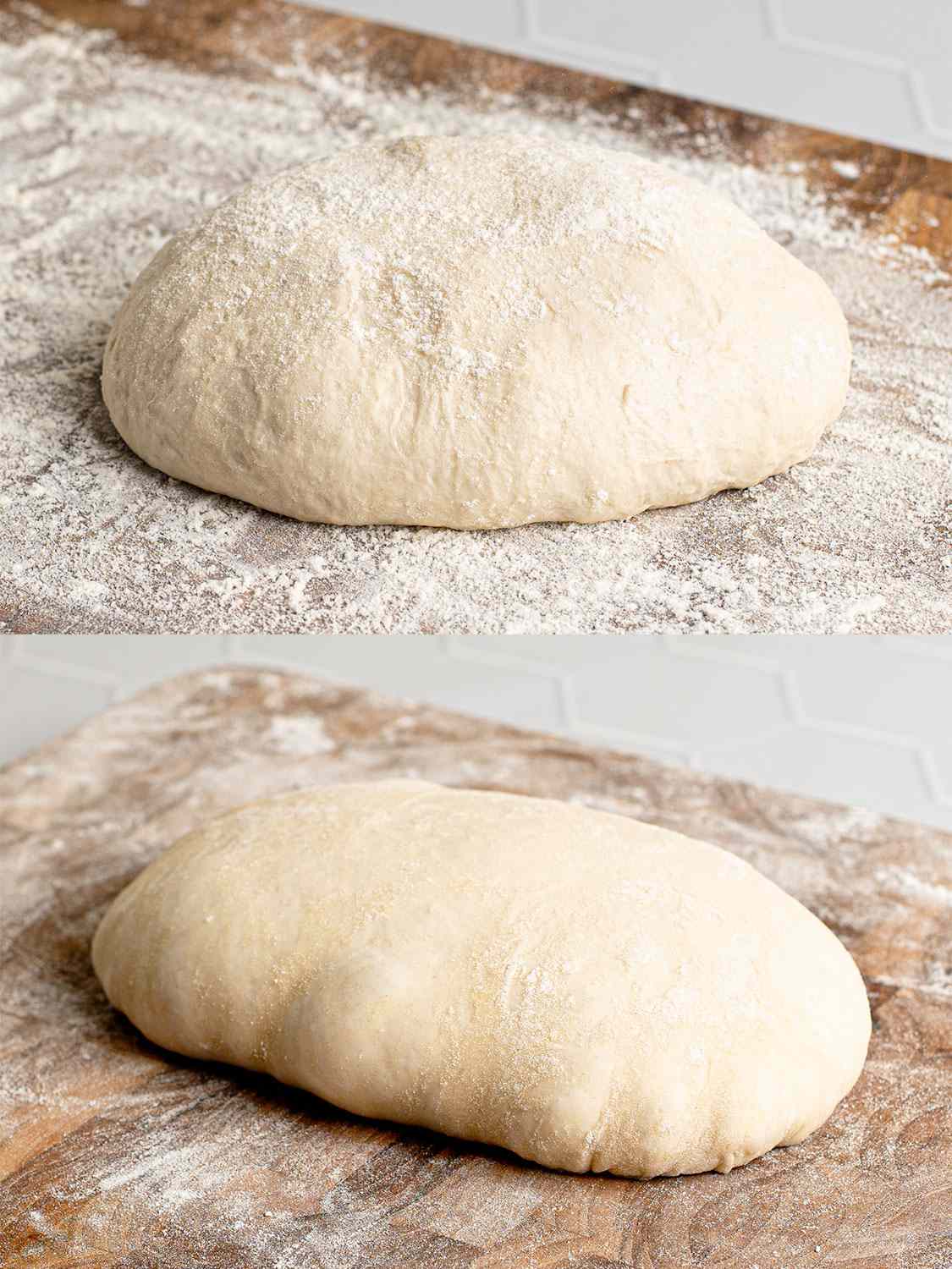 A two-image collage. The top image shows the dough turned out to form a round loaf shape on a well-floured cutting board. The bottom image shows the loaf of dough after it’s risen and has increased in size.