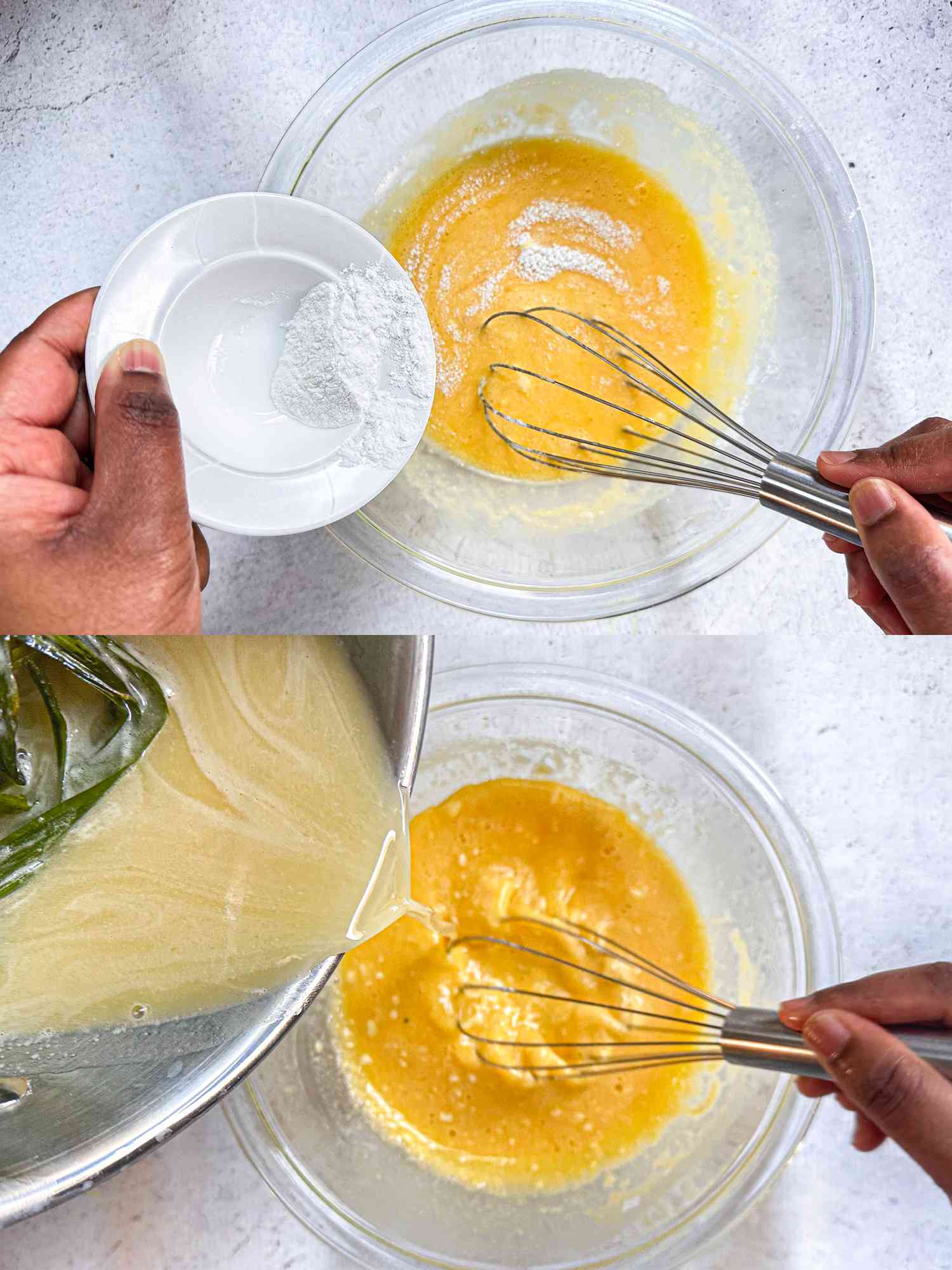 2 image collage. Top: hands adding a small white dish of rice flour into a glass bowl being whisked with eggs. Bottom: Adding coconut milk into glass bowl mixture with a whisk 