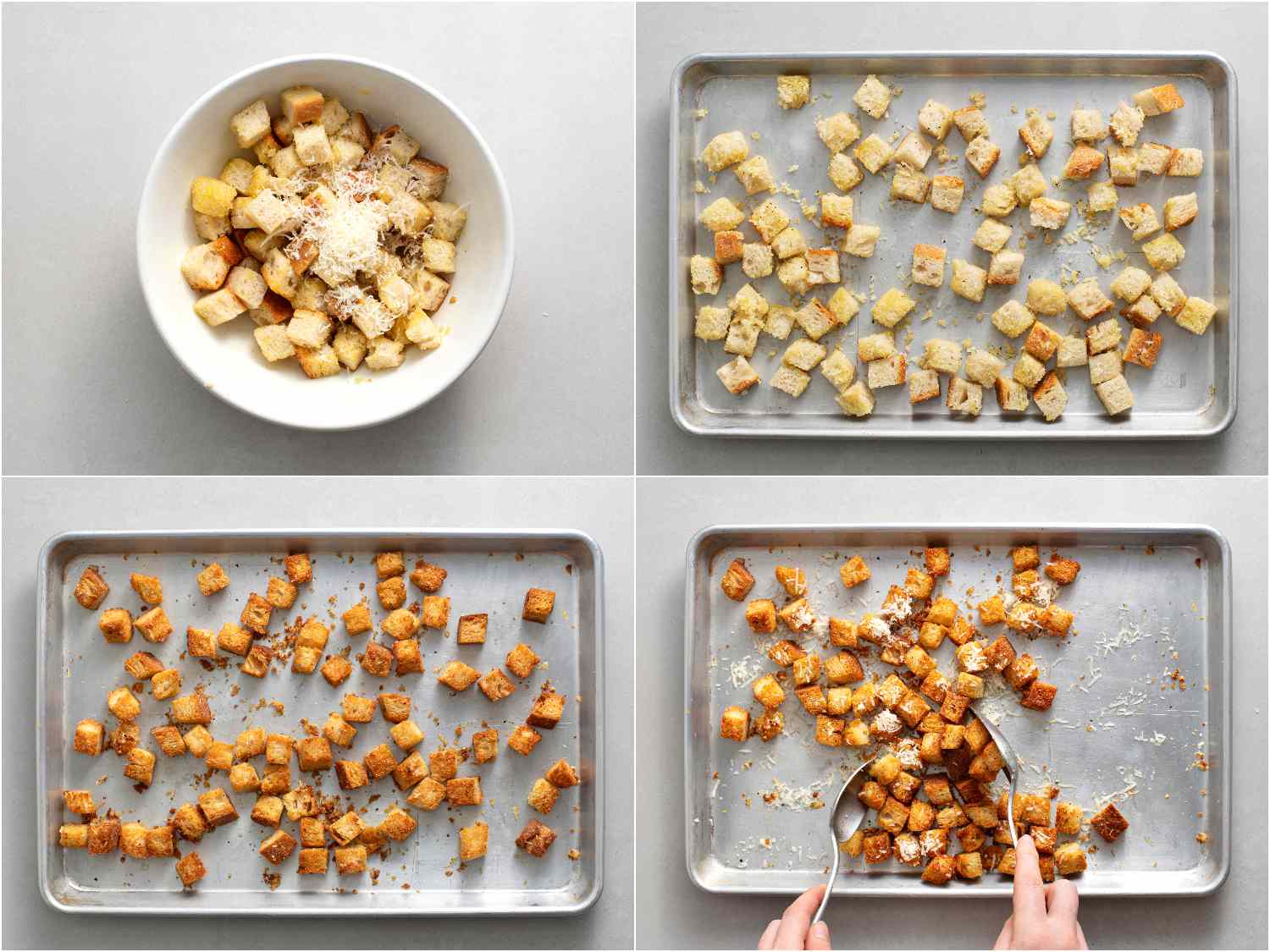 A collage showing the garlic bread cubes being tossed with cheese, baked on a sheet pan until golden, and then tossed again with more cheese.