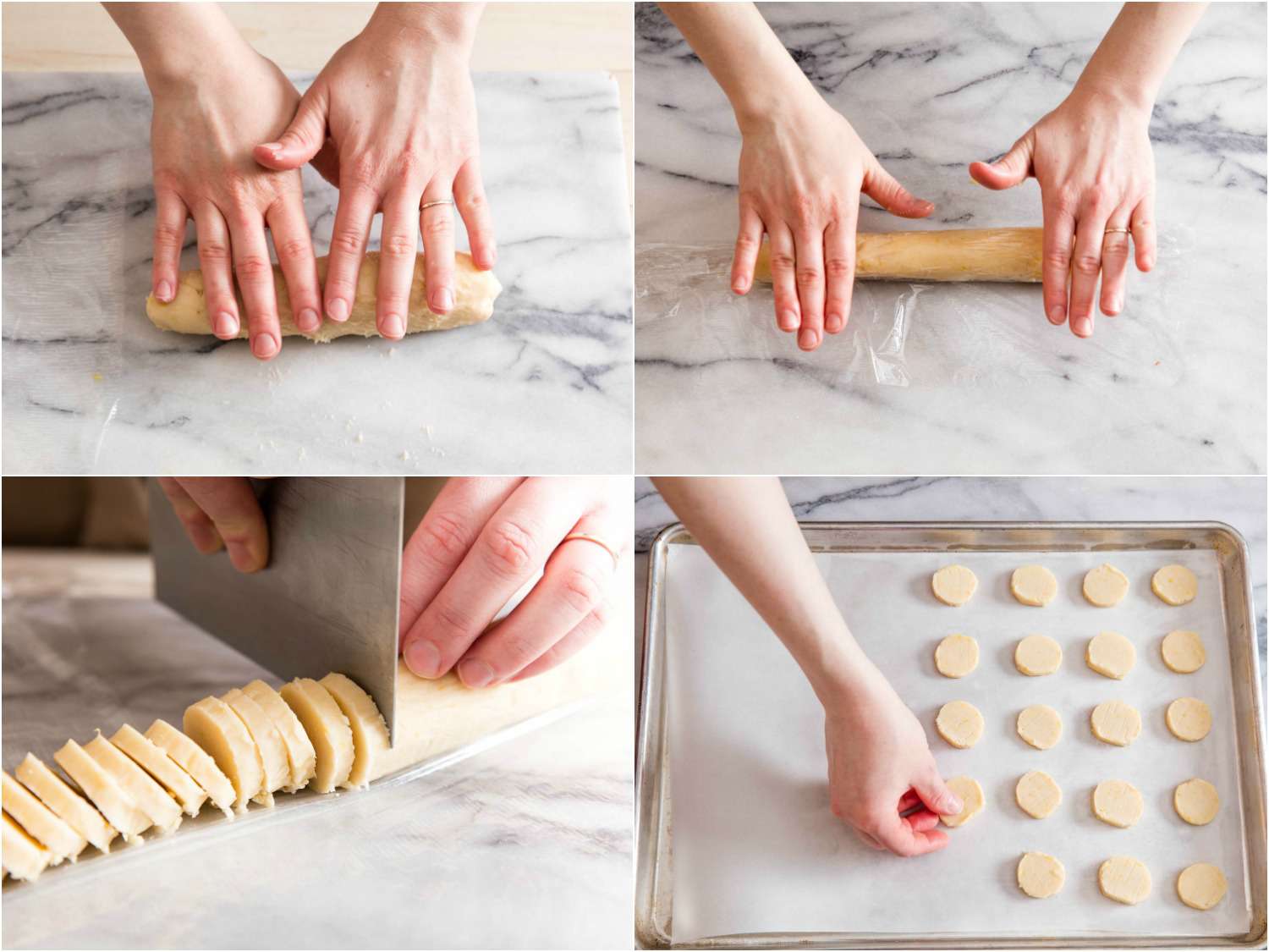 Collage of rolling lemon meltaway dough into a log, slicing it, and arranging on a baking sheet