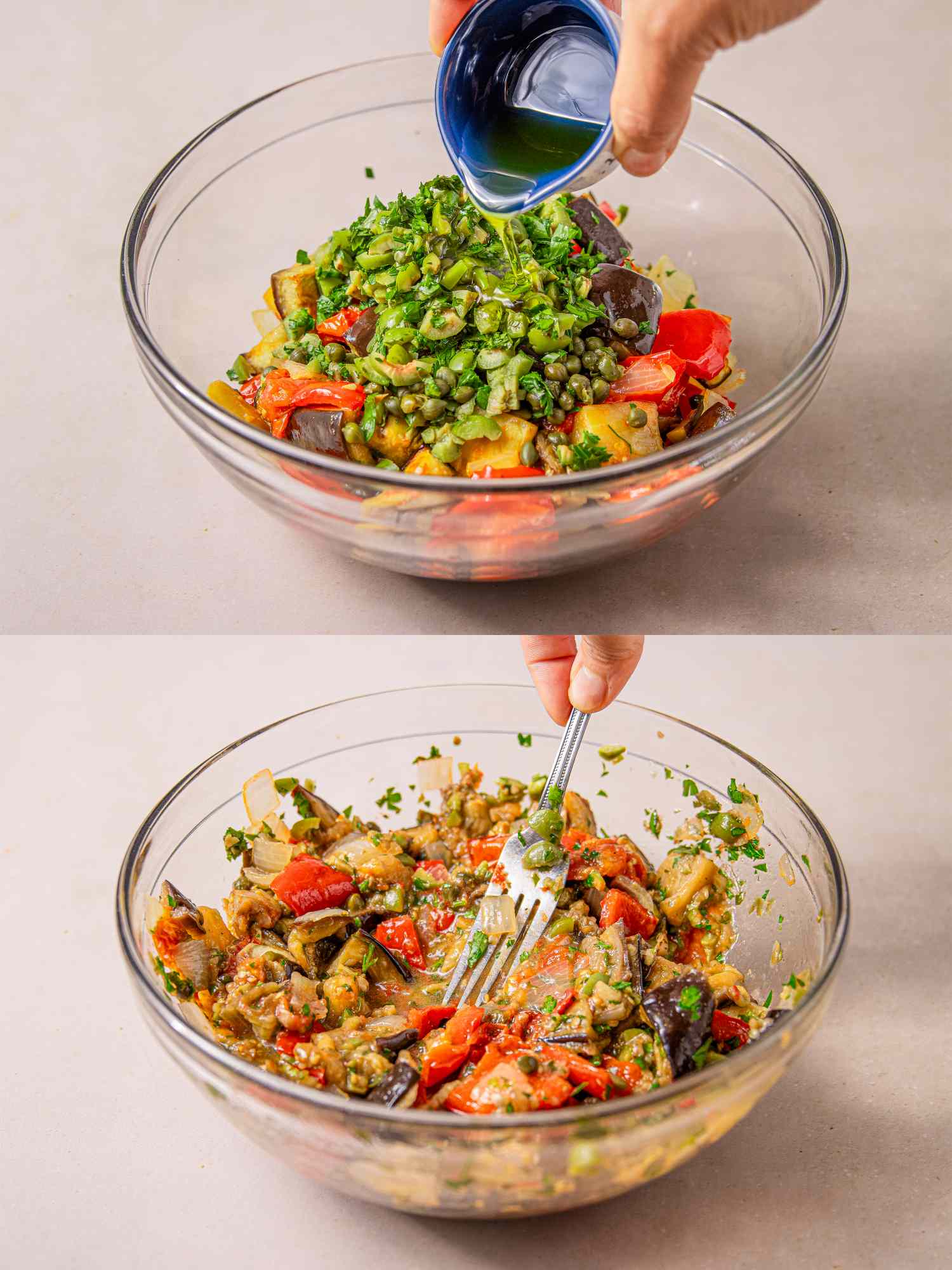 Two steps of preparing caponata with cod showing vegetables and seasonings being mixed in a glass bowl