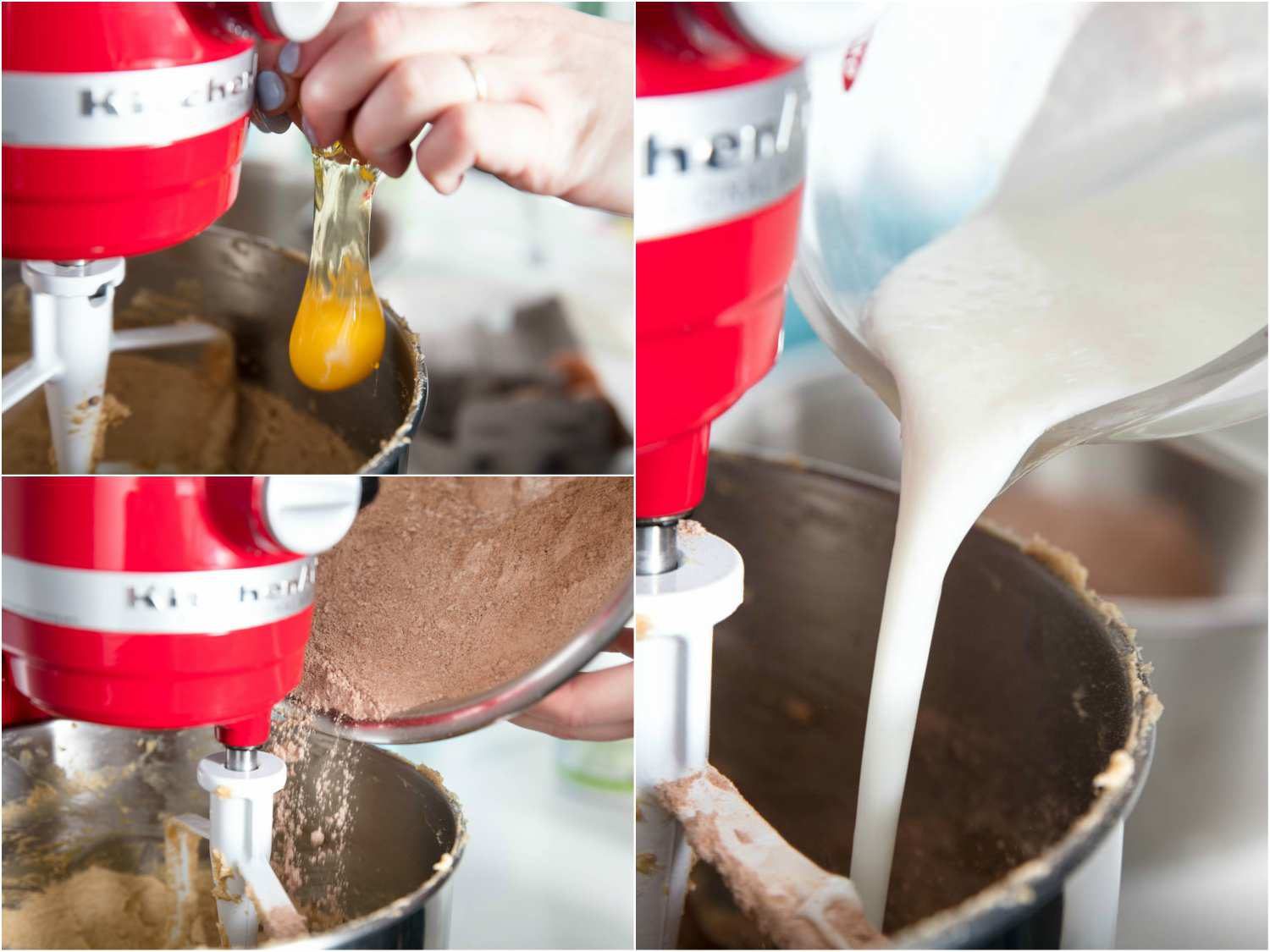 Collage of three photos showing adding eggs, dry ingredients, and buttermilk to the batter for Texas sheet cake