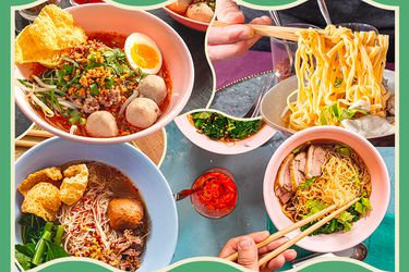 collage of Thai soups on a green background