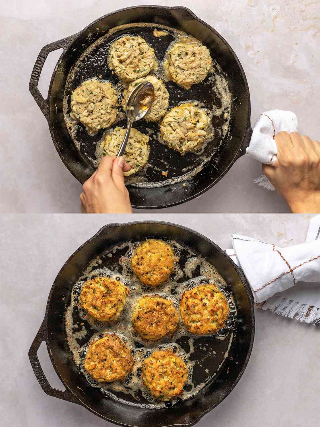 A two-image collage. The top image shows a skillet being slightly tilted so that the fat collects, with that same fat being spooned over the crab cakes using a metal spoon. The bottom image shows the skillet now containing six crispy, golden brown crab cakes.