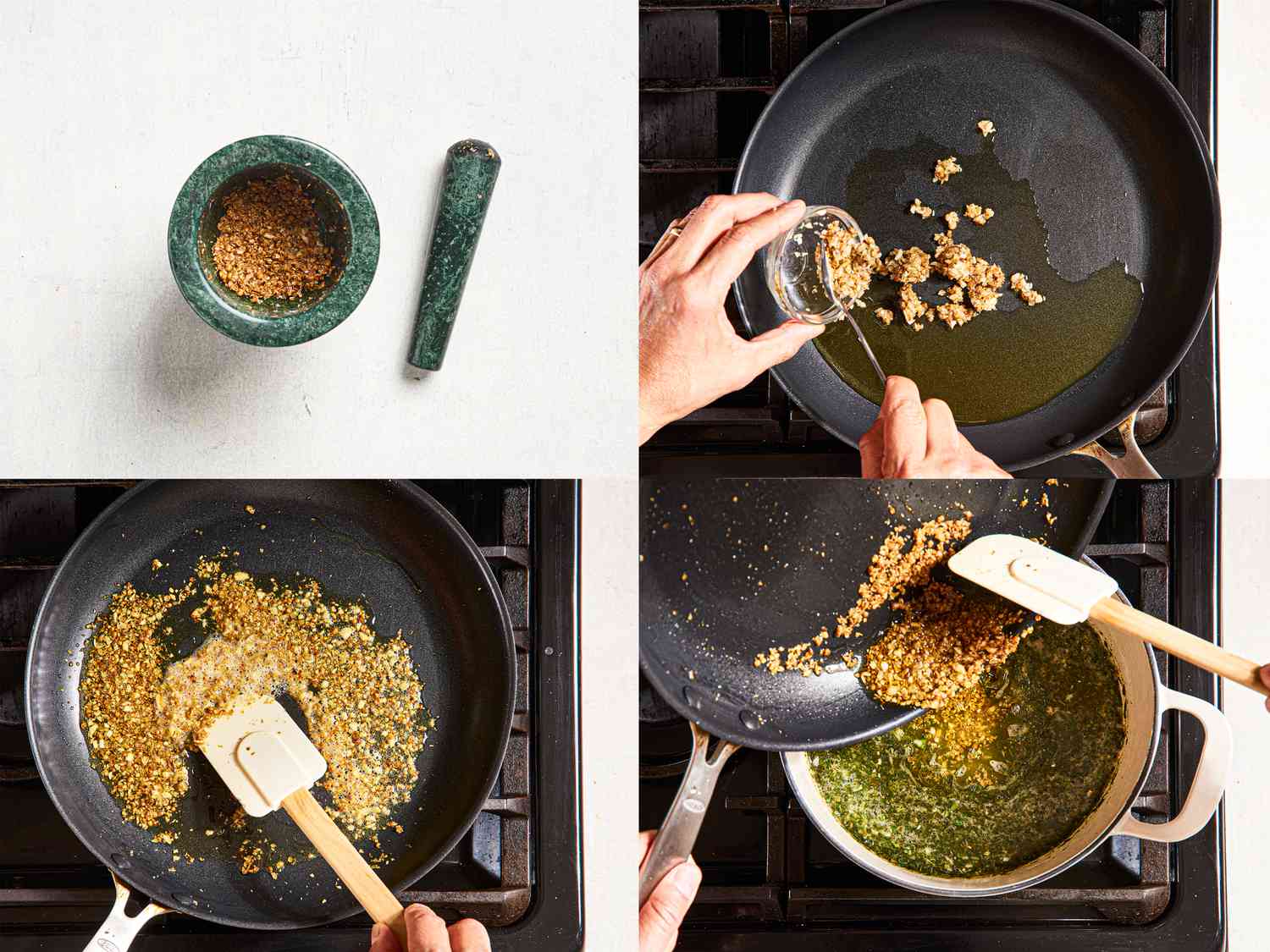 Preparing a garlic and coriander paste and adding it to molokhia soup.