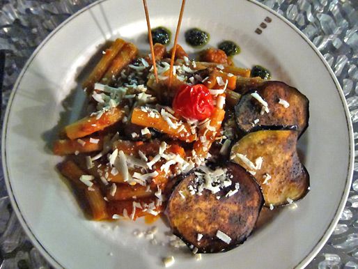 A plate of pasta alla norma ordered in Sicily.