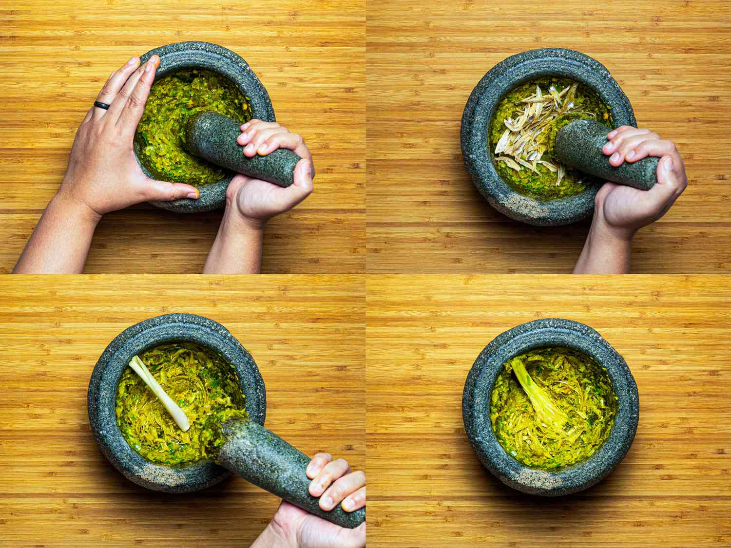 Pounding chiles, shallots, lemongrass, and turmeric with a mortar and pestle.