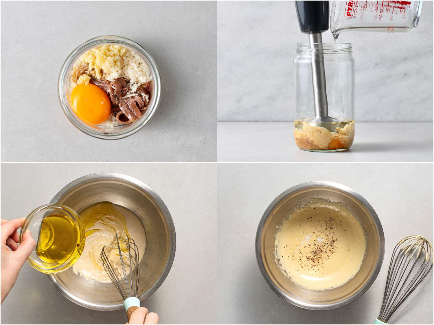 A collage showing ingredients being blended using an immersion blender in order to create the dressing, and then additional olive oil being whisked in, with salt and pepper being added as a final step.