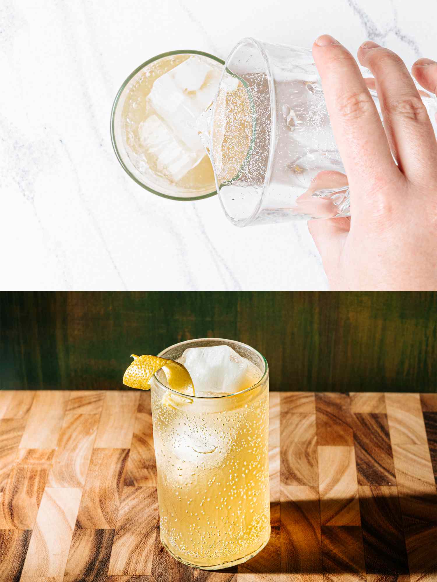 A cocktail being prepared and a finished golden drink in a glass with ice and a garnish